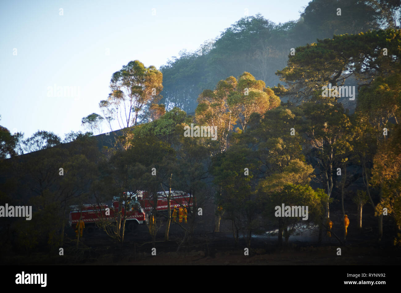 January 11, 2013 -  Victoria, Australia : Bush and grass fires on Kangaroo Hills Road, Blampied. Stock Photo