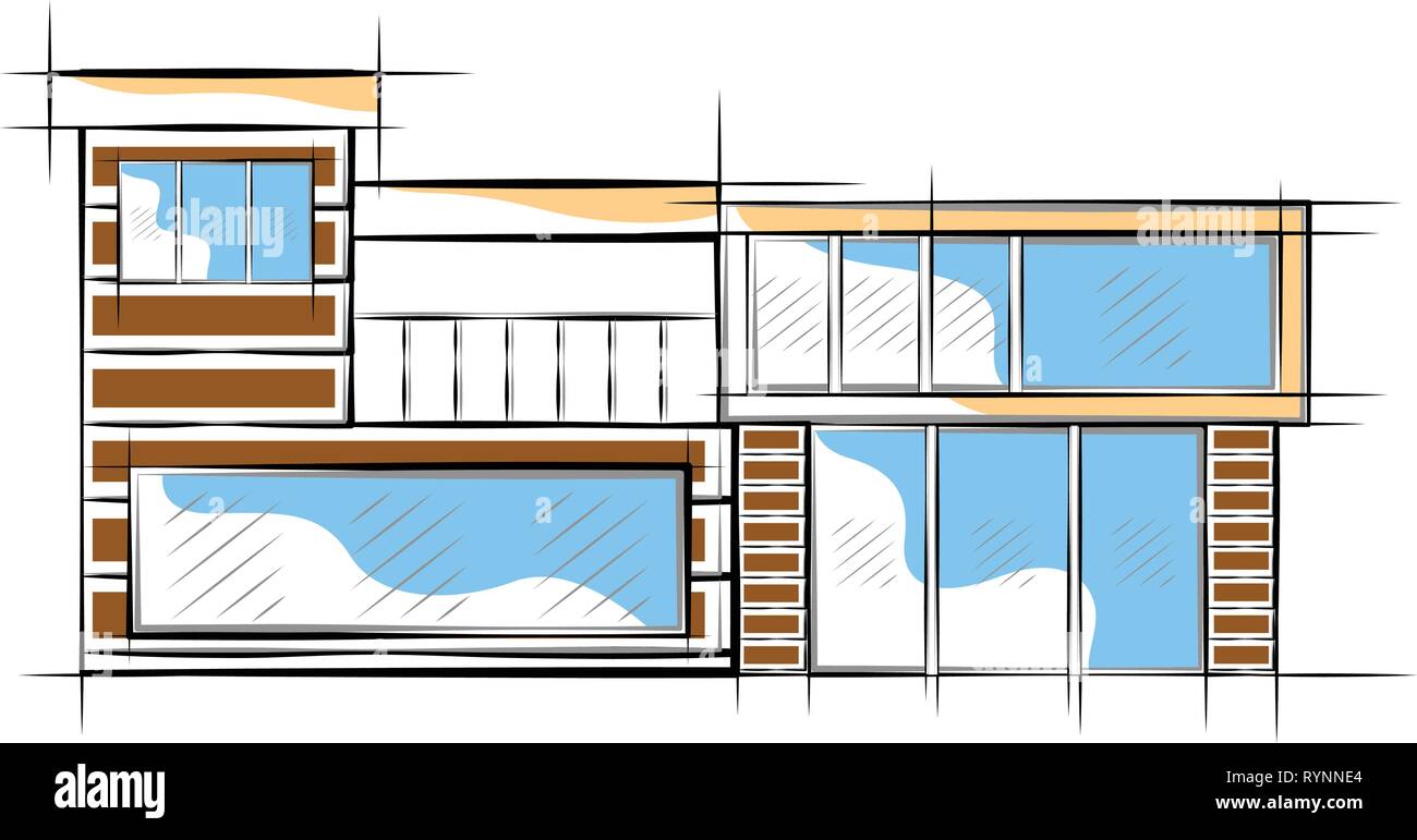 Modern House Drawing Sketch With Color