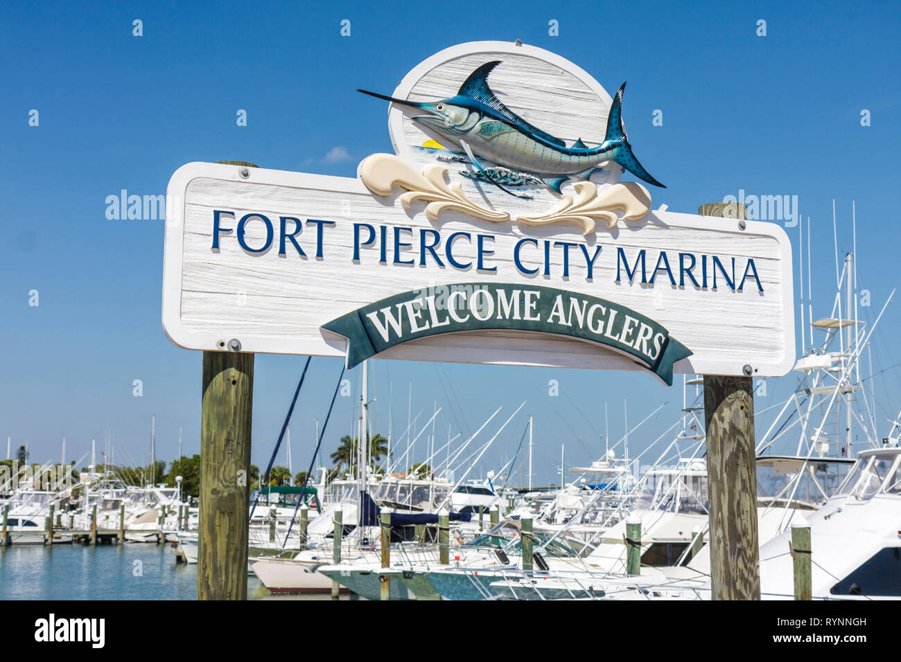 Florida Saint St. Lucie County,Fort Ft. Pierce,Indian River Lagoon,Fort Pierce City Marina,sign,carved wood,marlin,boat,boating,yacht,navigation,recre Stock Photo