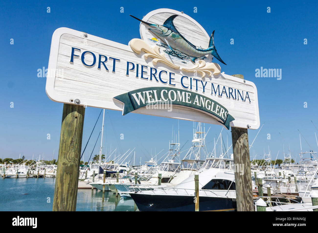 Florida,Saint St. Lucie County,Fort Ft. Pierce,Indian River Lagoon,Fort Pierce City Marina,sign,carved wood,marlin,boat,boating,yacht,navigation,recre Stock Photo