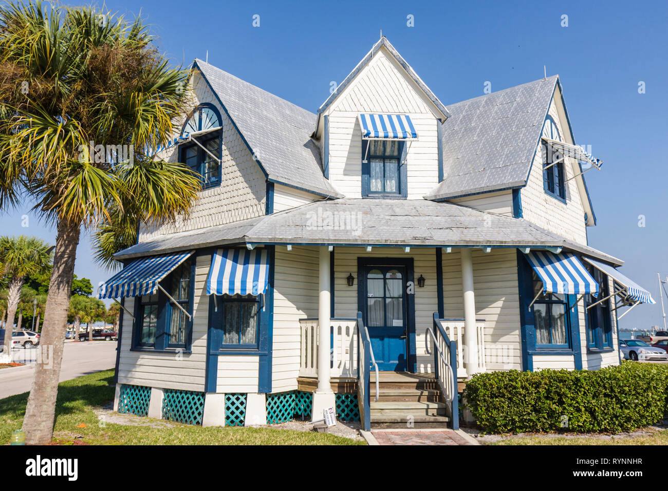 Florida Saint St. Lucie County,Fort Ft. Pierce,The Seven Gables house,houses,visitor information center & museum,historic downtown,windows,awnings,por Stock Photo