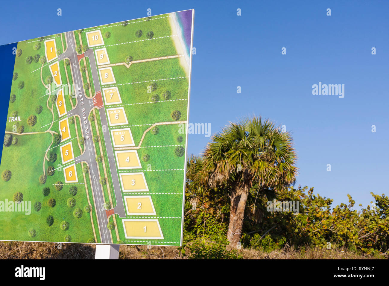 Florida Saint St. Lucie County,Fort Ft. Pierce,A1A,North Hutchinson Barrier Island,oceanfront estate lots,lots,development,man encroaching nature,sign Stock Photo