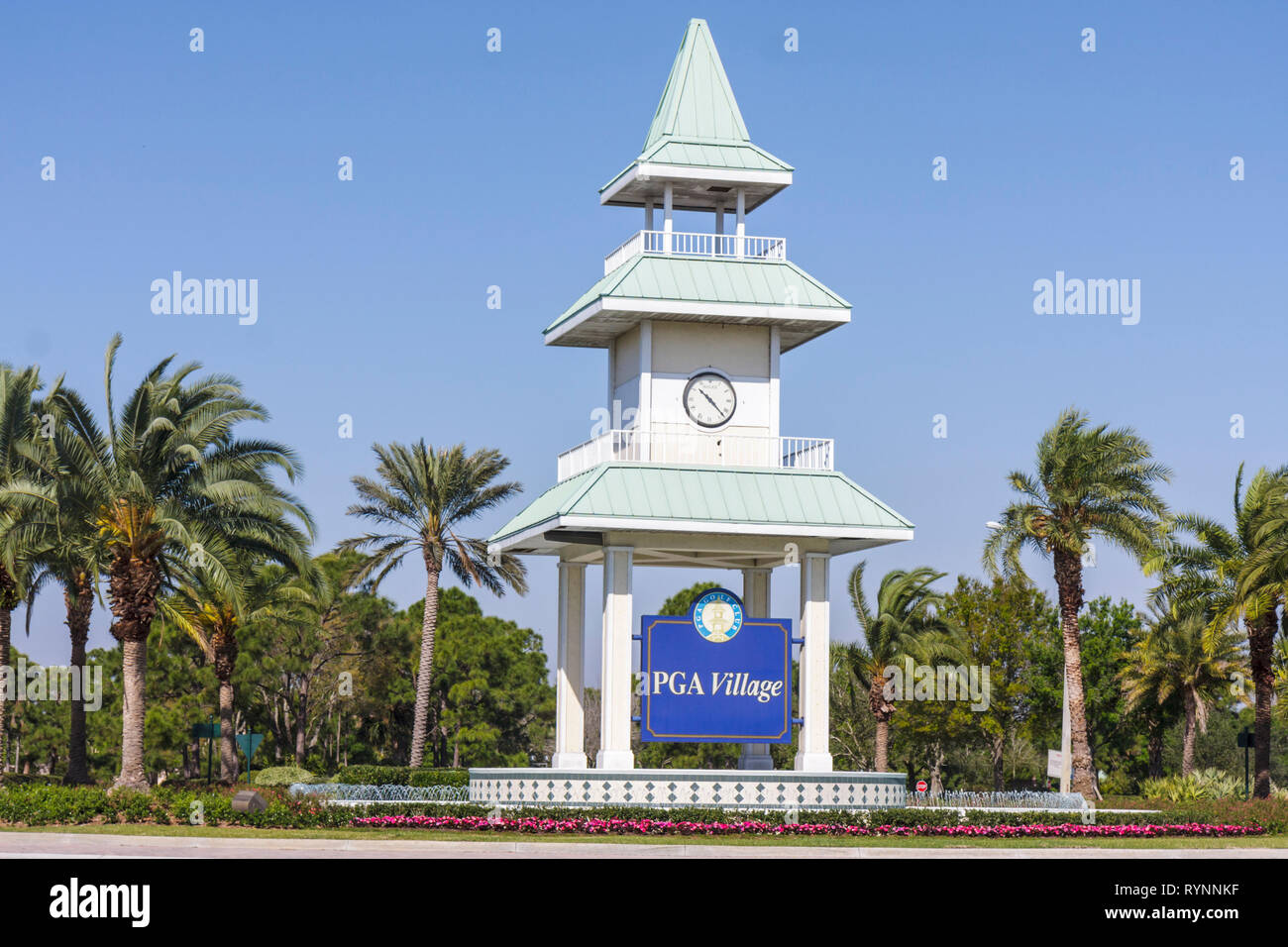Port St. Saint Lucie Florida,PGA Villageal Golfers' Association,PGA Golf Club,golf course community,entrance marker,clock tower Stock Photo