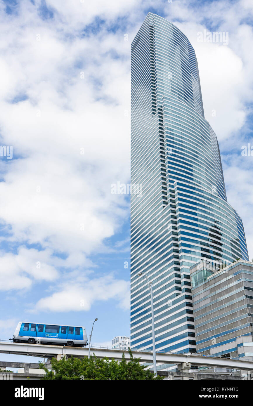 Miami Florida,downtown,building,skyscraper,commercial real estateBank of America tower,Pei Cobb Freed,architecture lines,glass,design,Metromover,autom Stock Photo
