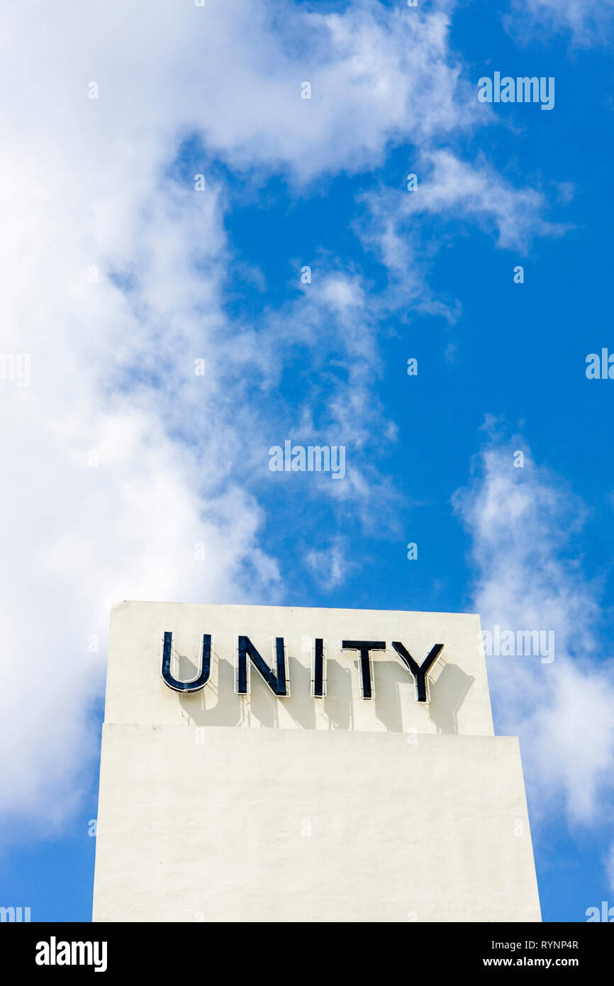 Miami Florida,Unity,Unity on the Bay,church,outside exterior,front,entrance,signs,spiritual community,religion,white monolith,tower,FL090222139 Stock Photo