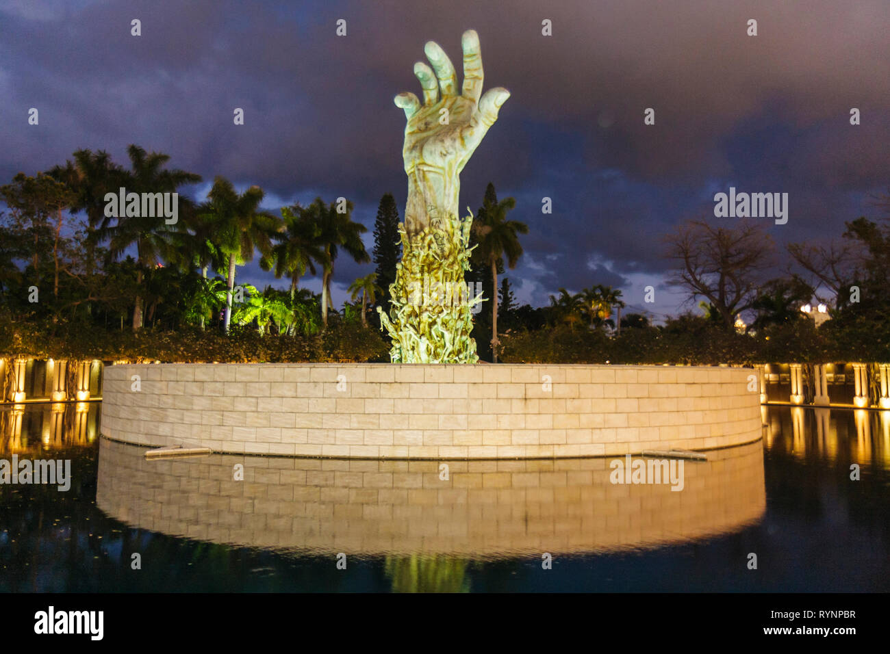 Miami Beach Florida,Holocaust Memorial,Jews,Jewish,sculpture,remember,honor,Kenneth,sculptor,hand,hands,reaching toward sky,victims,memorialize,genoci Stock Photo