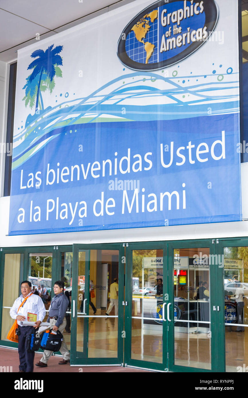 Miami Beach Florida,Miami Beach Convention Center,centre,Graphics of the Americas Expo & Conference,trade show,bad translation,Spanish language,biling Stock Photo