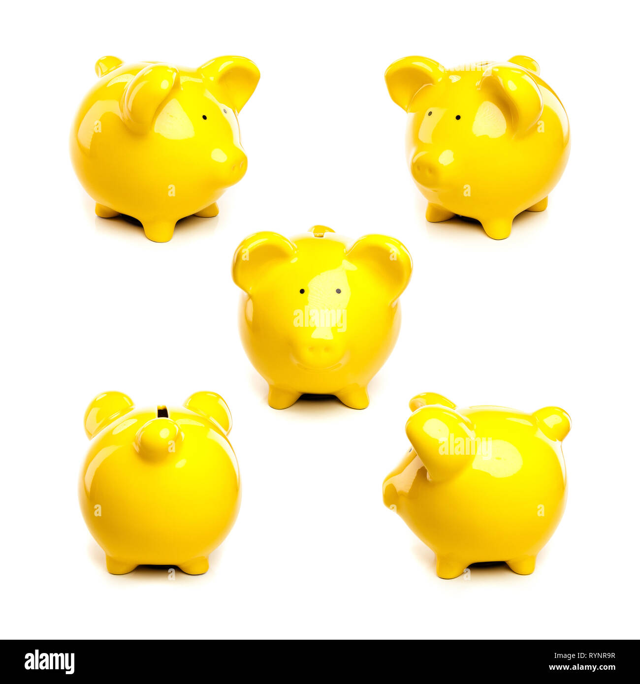 Different views of yellow piggy pig bank on white background (Front
