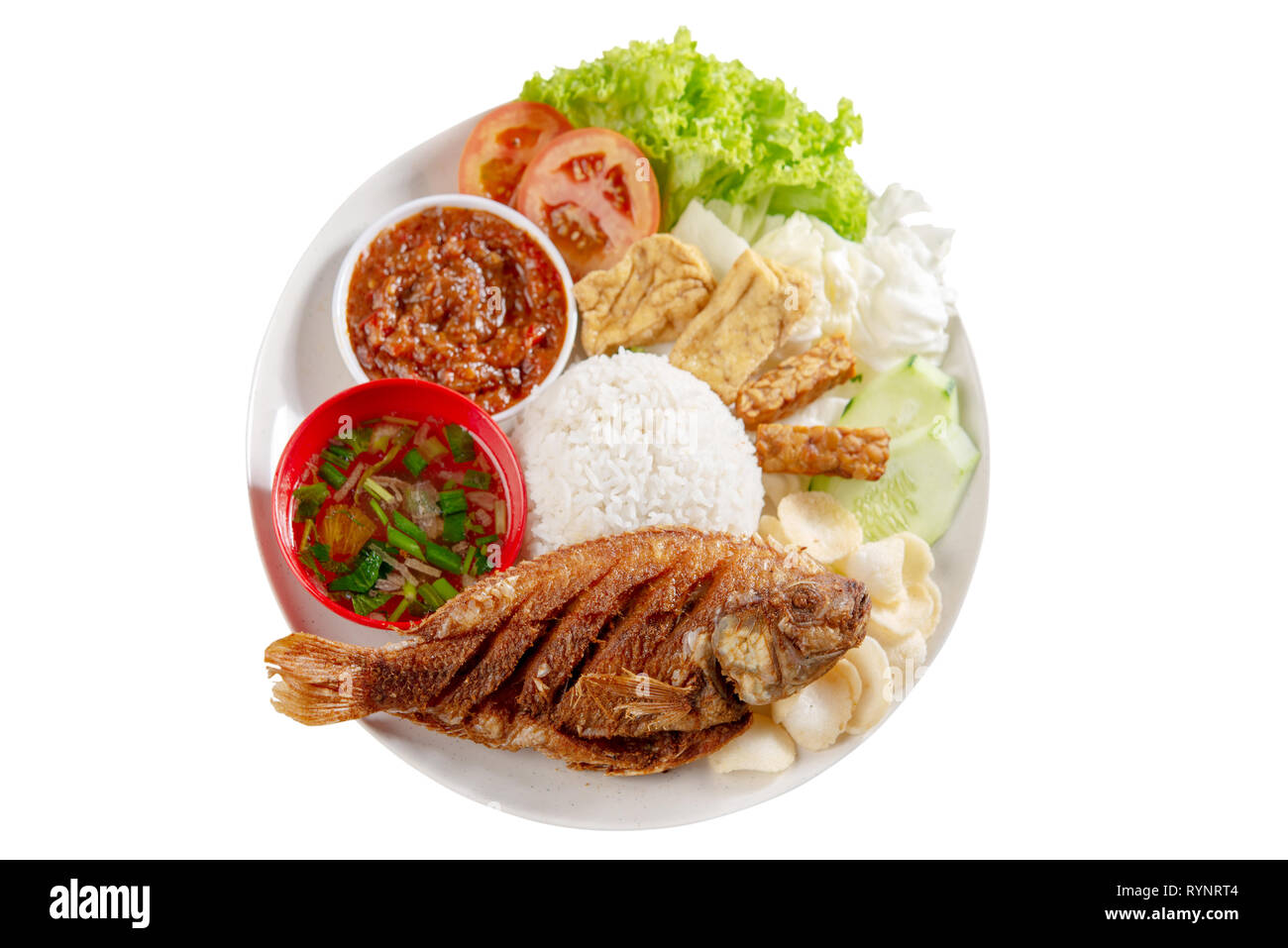 Fried tilapia fish and rice, popular traditional Malay or Indonesian