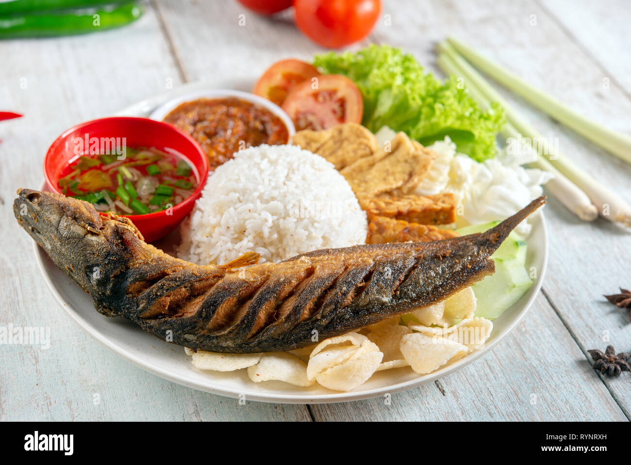 Fried catfish rice with sambal, popular traditional Malay or Indonesian