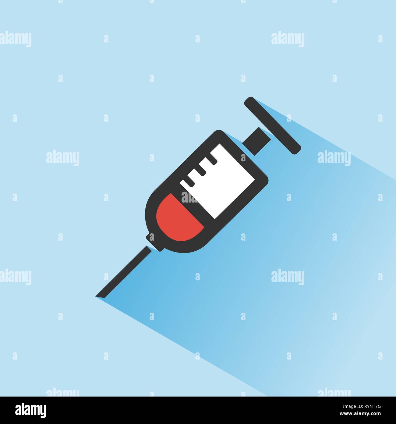 Syringe icon with shadow on a blue background. Medicine color icon. Vector illustration Stock Vector
