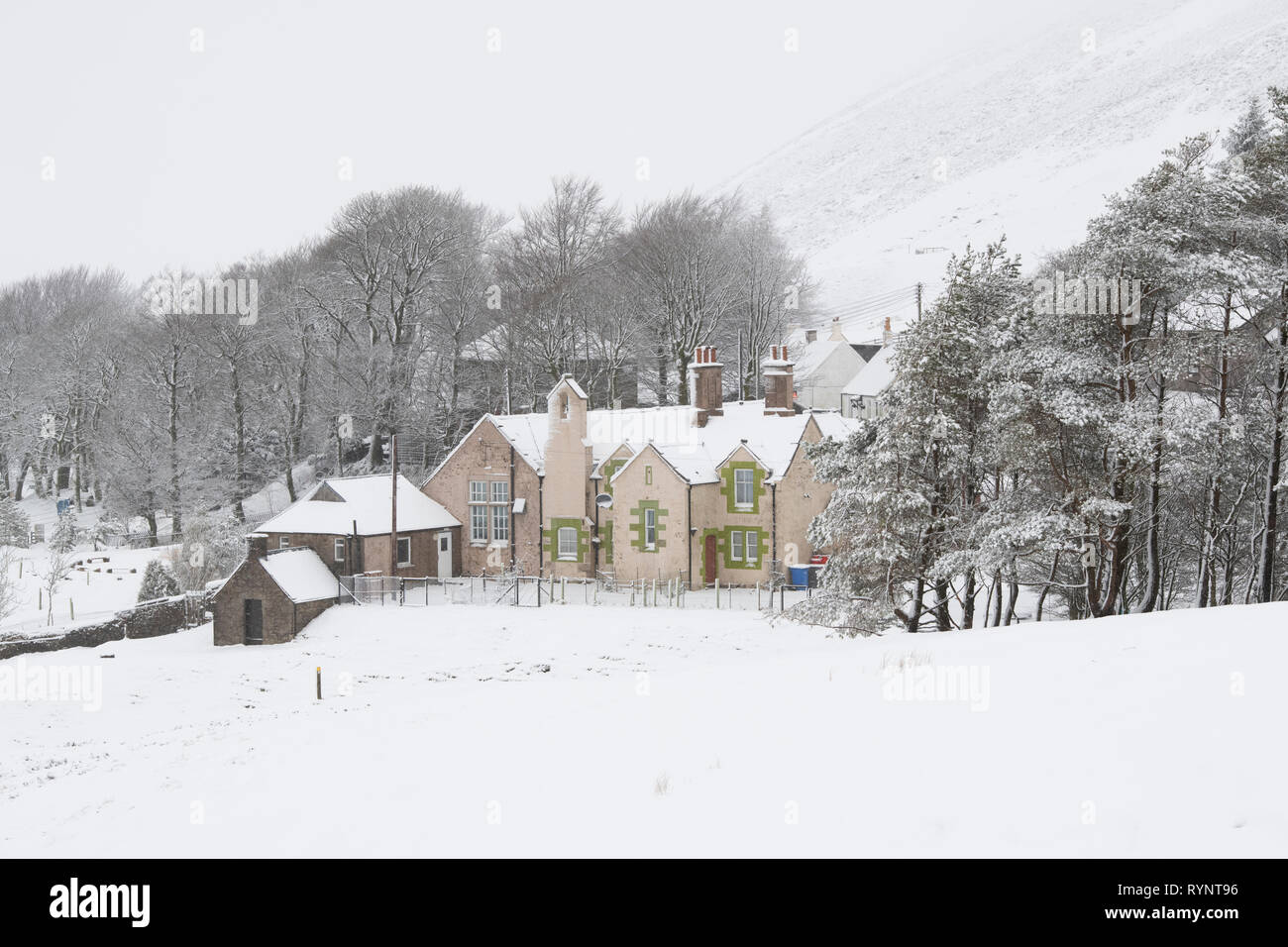 Wanlockhead village in the early morning snow. Scotlands highest village. Dumfries and Galloway, Scottish borders, Scotland Stock Photo