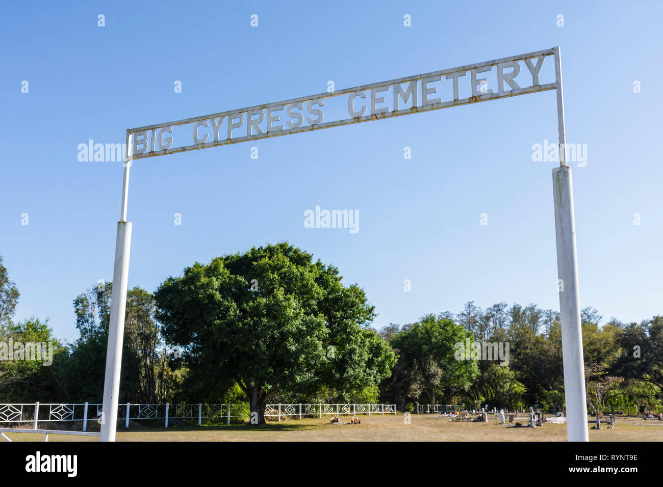 Florida Hendry County,Big Cypress,Seminole Indian Reservation,Native American Indian indigenous peoples,tribe,Big Cypress Cemetery,entrance,front,deat Stock Photo