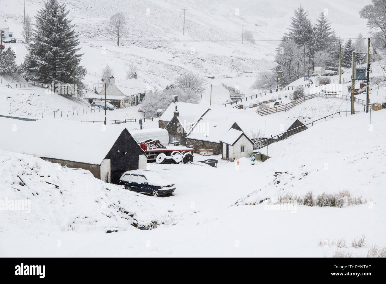 Wanlockhead village in the early morning snow. Scotlands highest village. Dumfries and Galloway, Scottish borders, Scotland Stock Photo