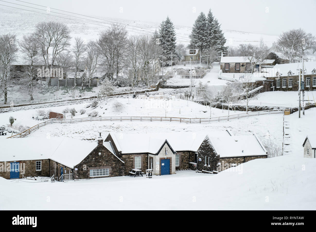 Wanlockhead village in the early morning snow. Scotlands highest village. Dumfries and Galloway, Scottish borders, Scotland Stock Photo