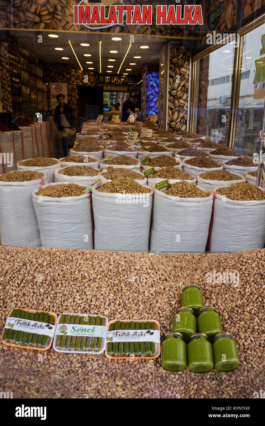 Pistachio is most famous agricultural product of Gaziantep and widely sold all around the city, Turkey. Stock Photo