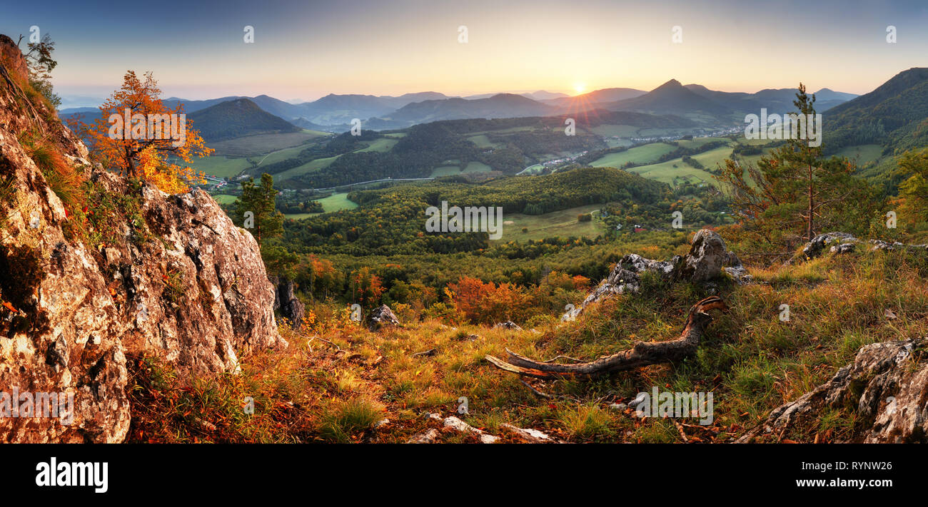 Autumn mountain panorama landcape with forest at sunset Stock Photo