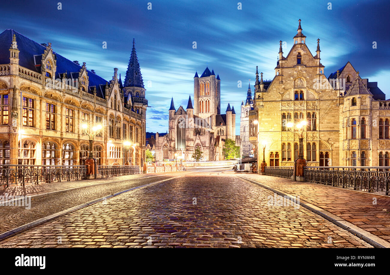 Medieval Ghent at night. Belgium Stock Photo