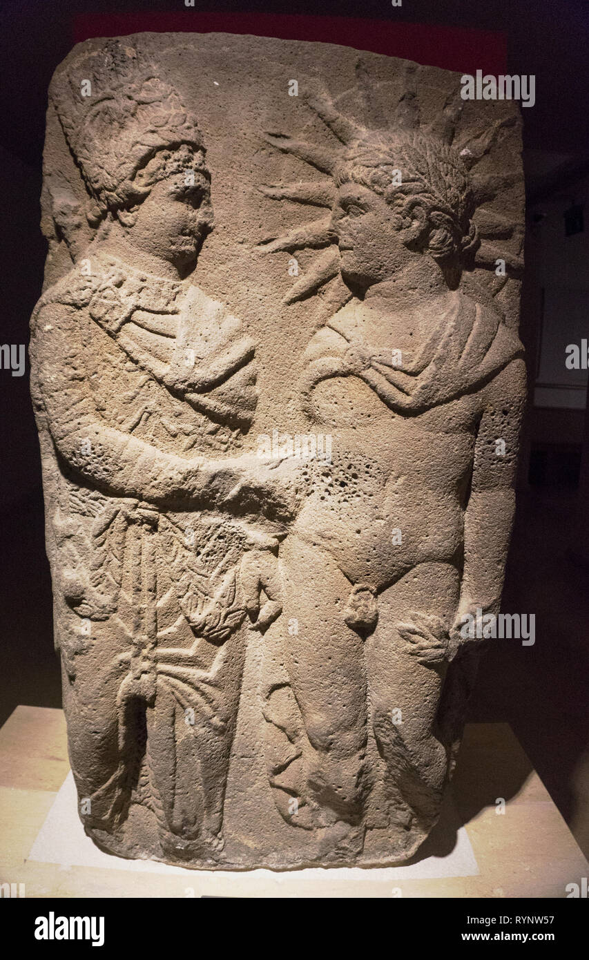 Stele of Antiochus first king of Commagene shaking hands with Apollo Mithra Helios, Basalt, Hellenistic Period (69-36 BC), Adıyaman, Besni Sofnaz Vill Stock Photo