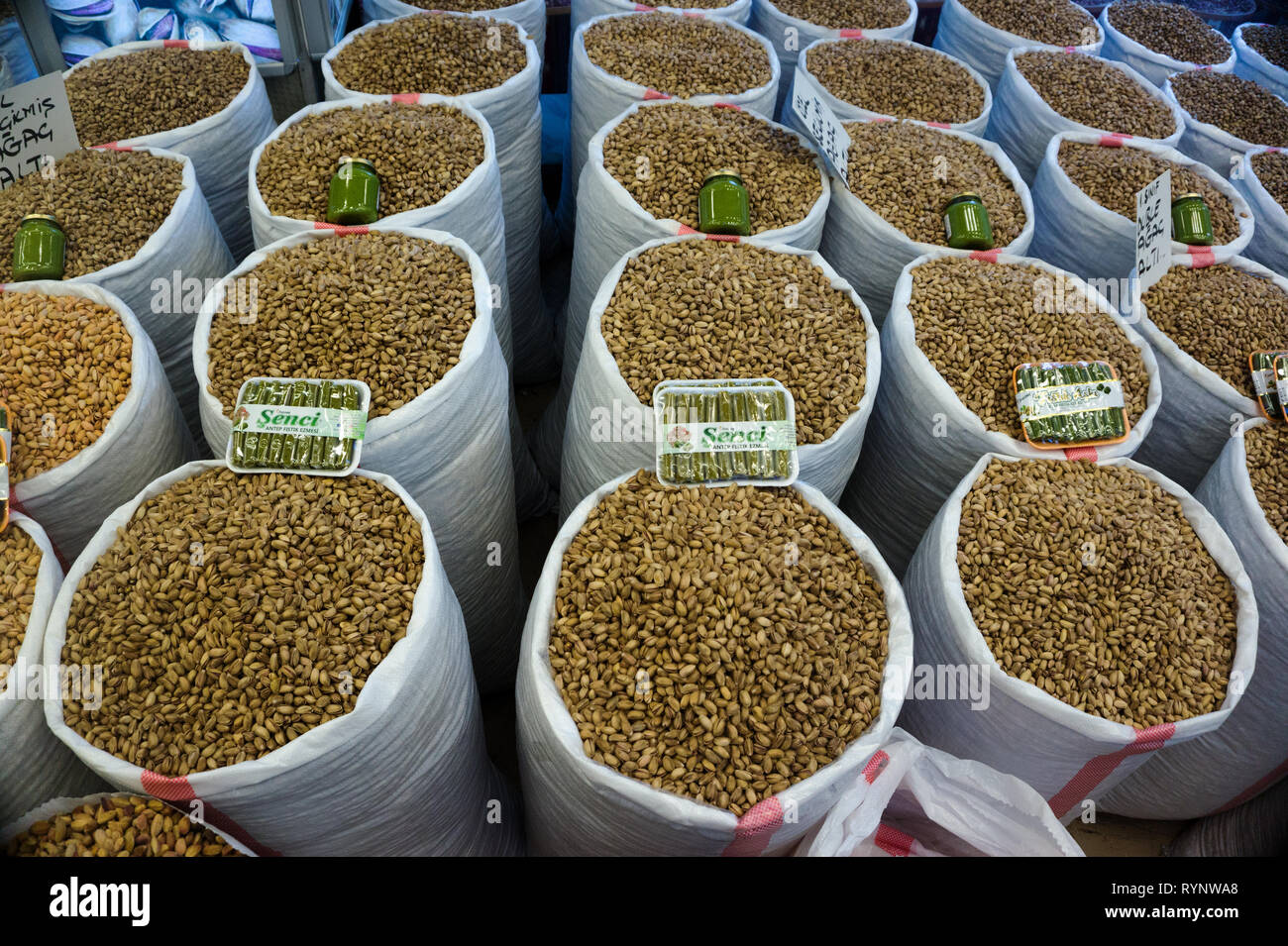 Pistachio is most famous agricultural product of Gaziantep and widely sold all around the city, Turkey. Stock Photo