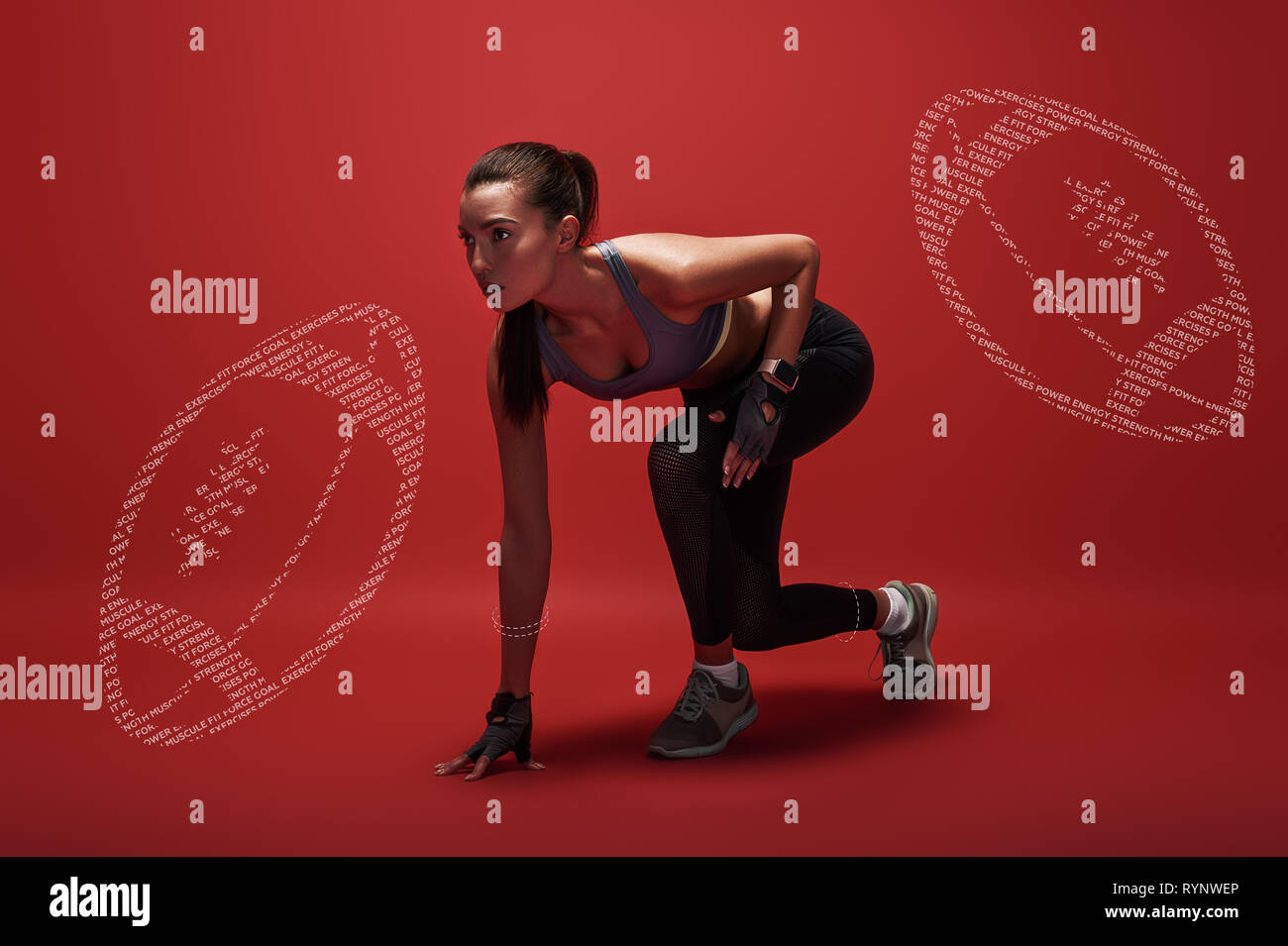 Portrait of caucasian dark-haired girl in sportswear. She is ready to run. Creative rugby balls painted on the background. Horizontal shot. Full-length Stock Photo