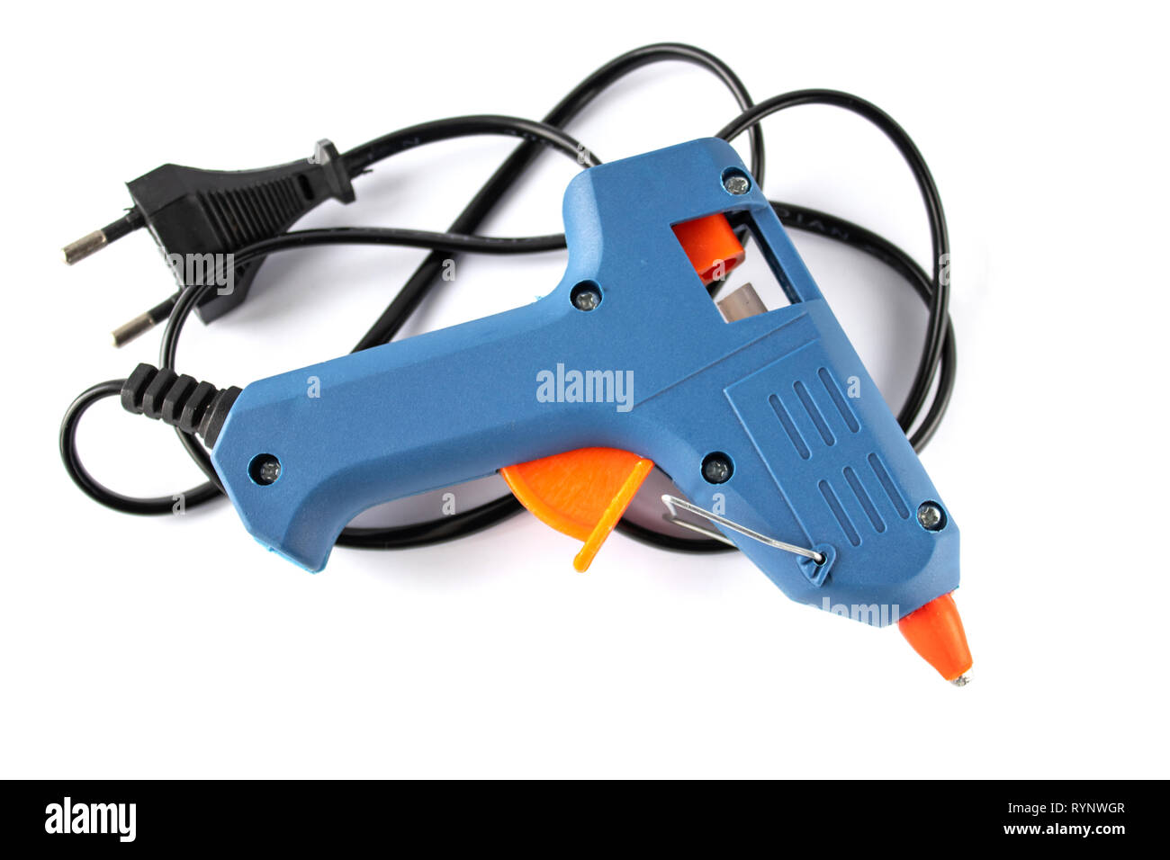 New blue glue gun close up on white background Stock Photo