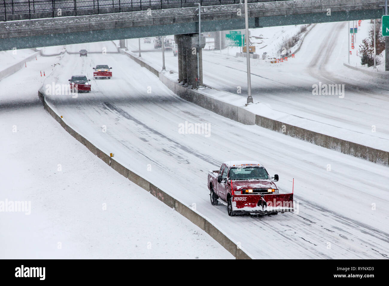 NORWALK,CT, USA JANUARY 27, 2015 Plow car on I95 after winter storm