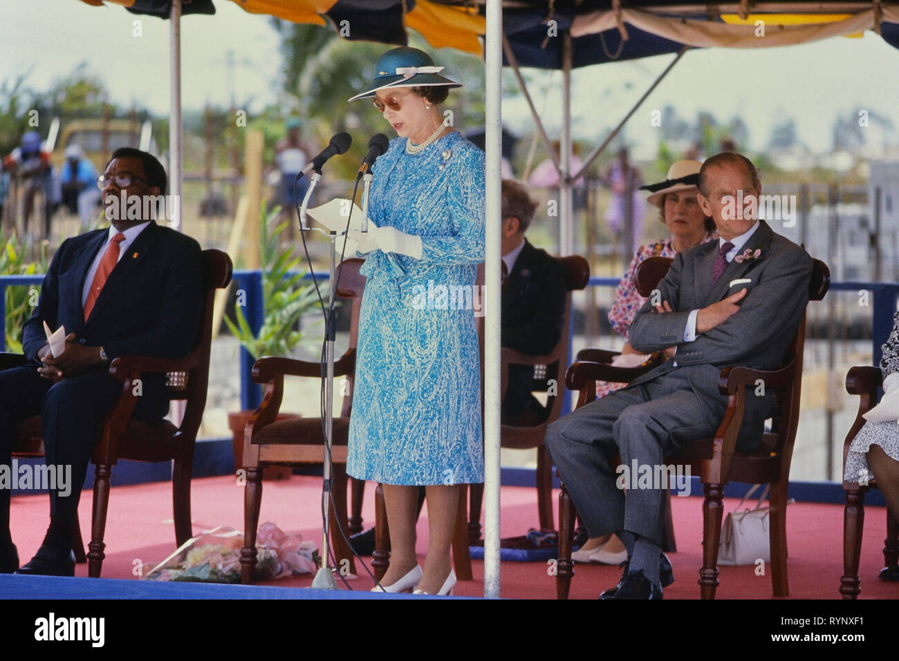 Queen Elizabeth II & Prince Philip visit to Queen's College to officiate at the stone laying ceremony for the school's new building. Barbados, Caribbean. 1989 Stock Photo