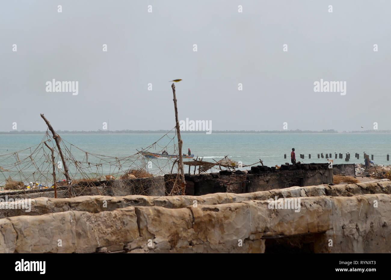 Sardinella landing and drying areas in the coastal village of Djiffère, Senegal Stock Photo