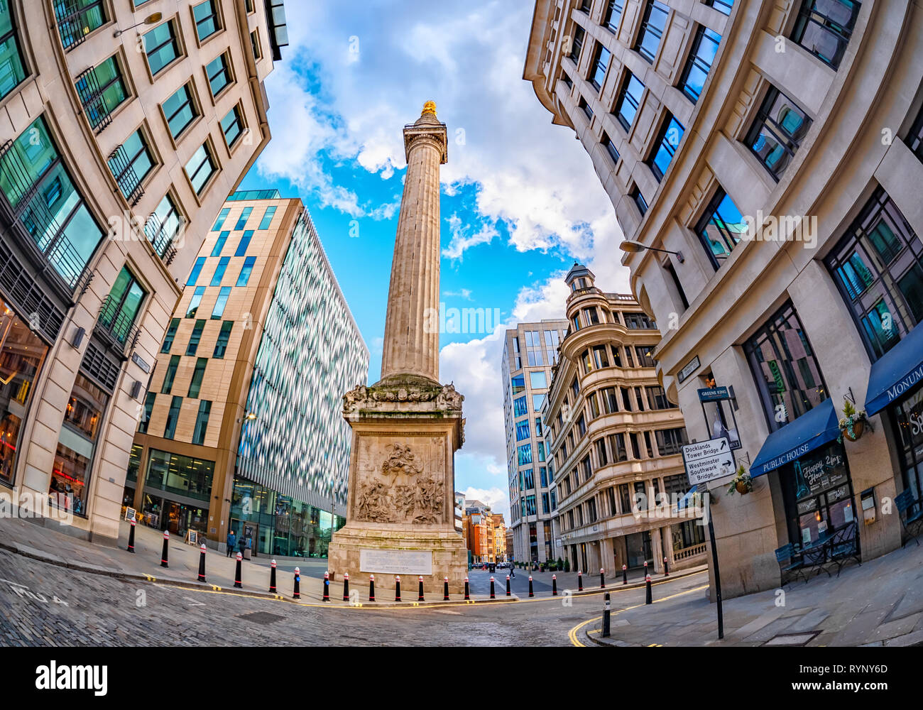 London, England, UK - March 10, 2019: Wide view of the famous British landmark The Monument to the Great Fire of London square, created by Christopher Stock Photo