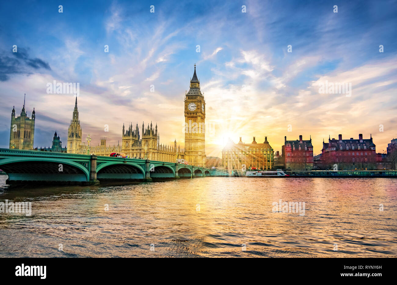 London cityscape with Big Ben and City of Westminster Abbey bridge in sunset light, in United Kingdom of England Stock Photo