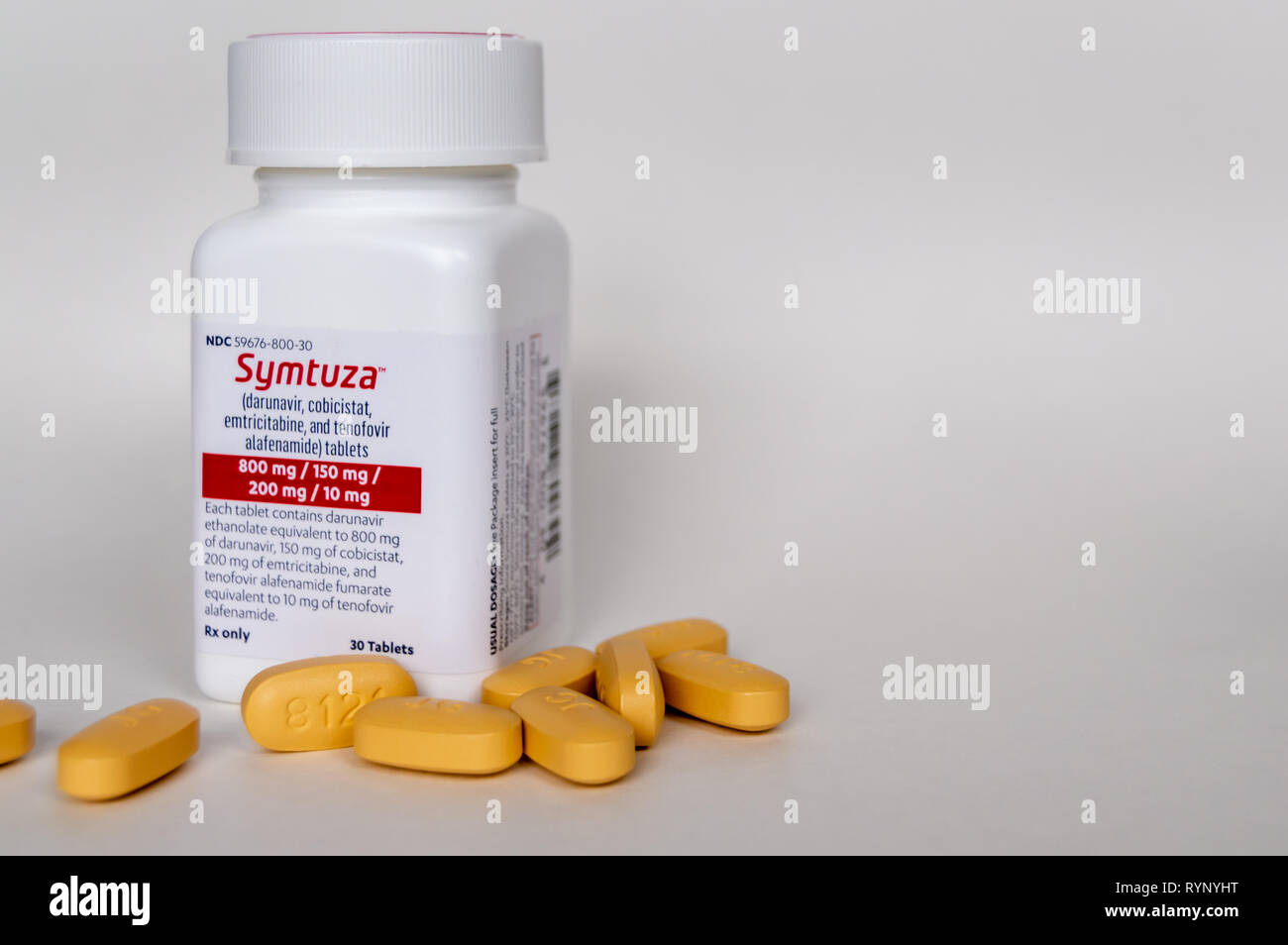 Chicago, USA-March 13, 2019: A closed bottle of Symtuza prescription medication with pills on display. It treats HIV infection if taken once daily. Stock Photo