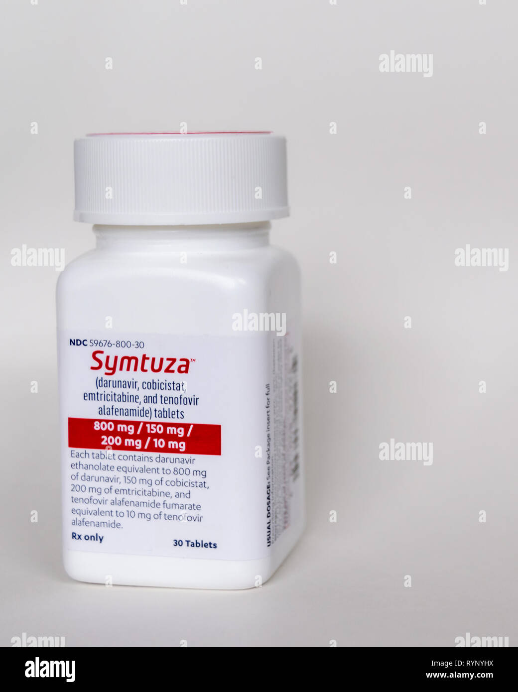 Chicago, USA-March 13, 2019: An isolated bottle of Symtuza prescription medication. The medicine treats HIV infection and is taken once a day. Stock Photo