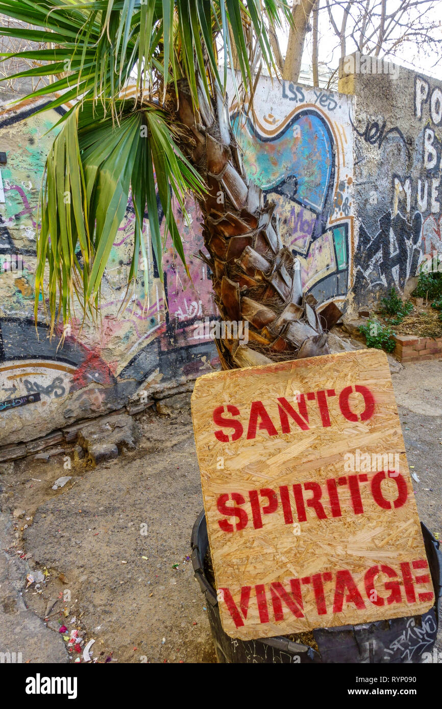 Valencia palm tree with message Santo Spirito Vintage sign, El Carmen barrrio, Spain Stock Photo