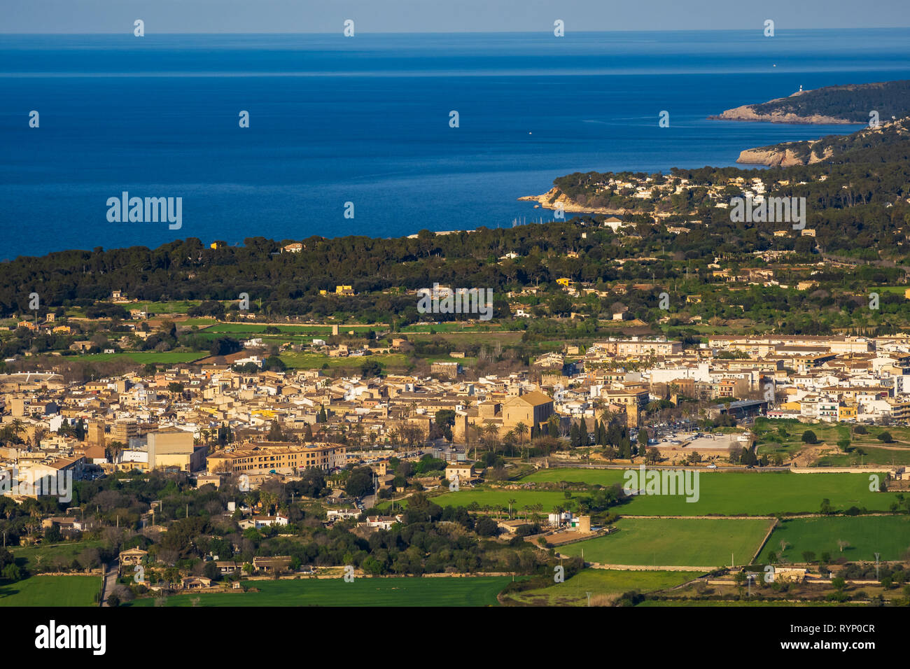 AERIAL PANORAMIC OF ALCUDIA , NORTH OF MALLORCA, BALEARES, SPAIN Stock Photo