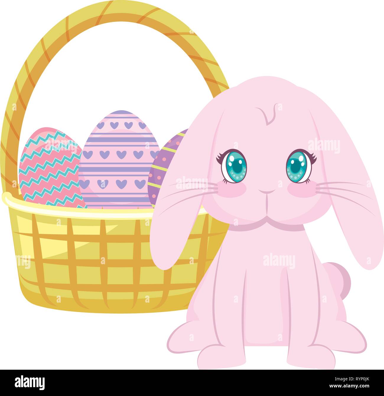 cute rabbit with basket wicker and eggs of easter vector illustration ...
