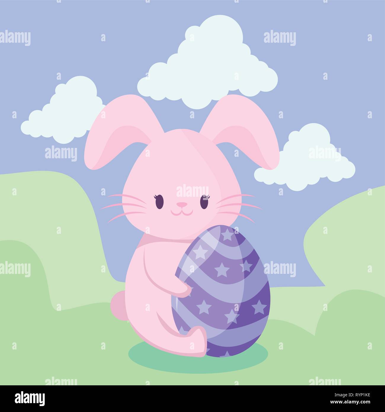 cute rabbit with egg of easter in landscape vector illustration design ...