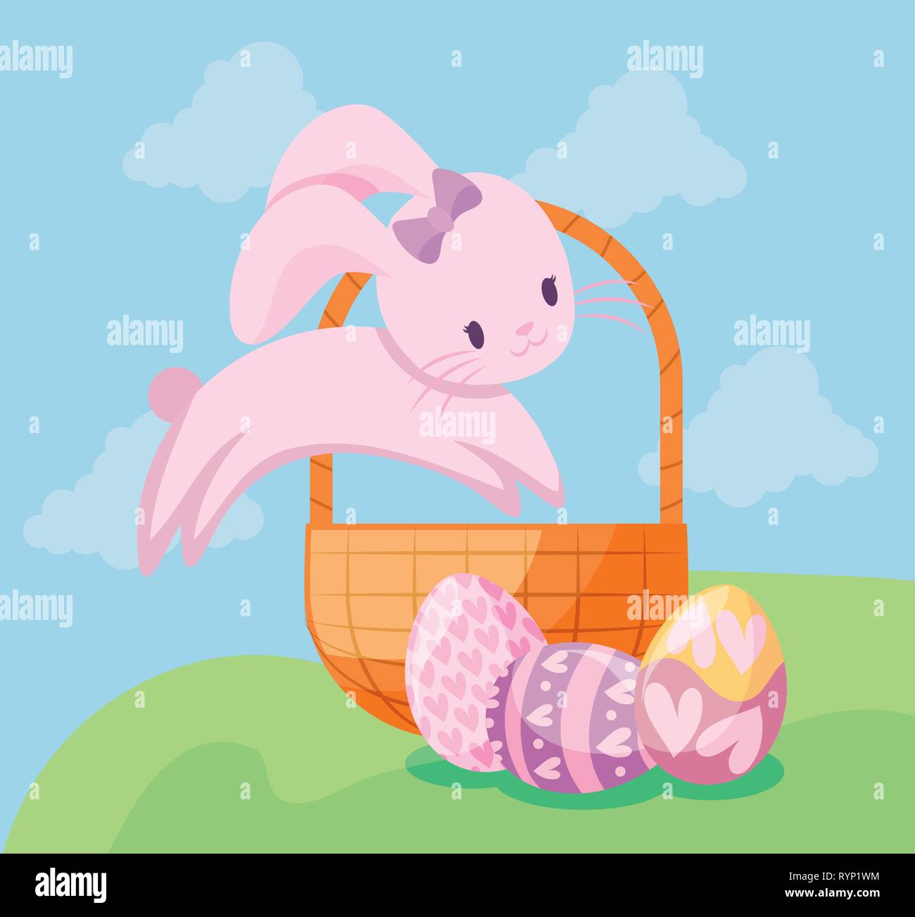 cute rabbit with basket and eggs of easter vector illustration design ...
