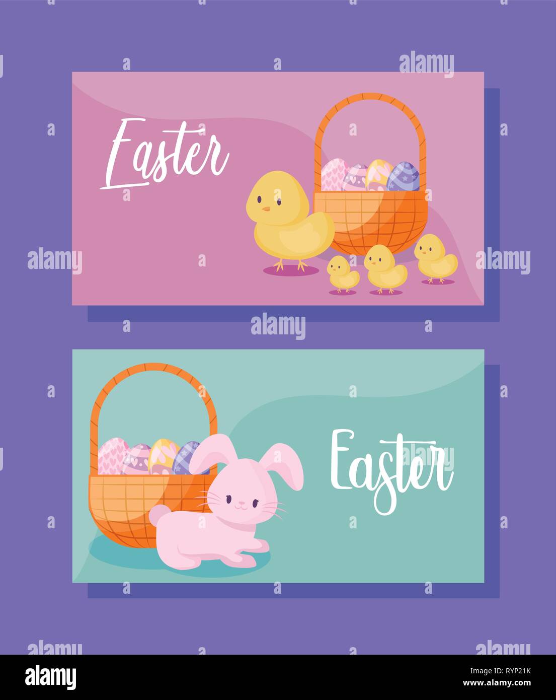 cards with cute rabbit and chickens of easter vector illustration ...