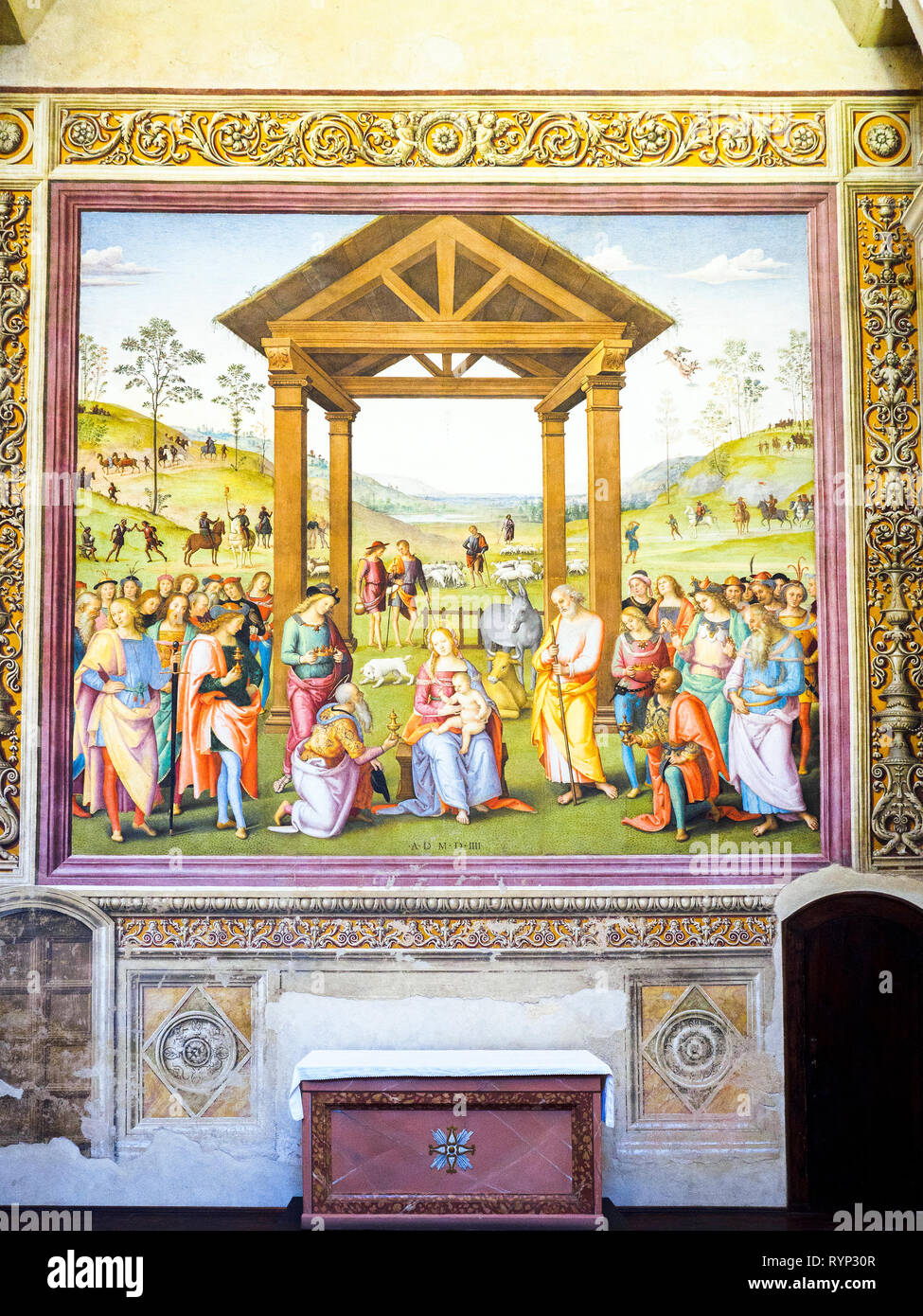 Adoration of the Magi (adorazione dei Magi) by Pietro Vannucci known as 'il Perugino' (1450 - 1523) in the  oratory in Santa Maria dei Bianchi - Città della Pieve, Imbria, Italy Stock Photo