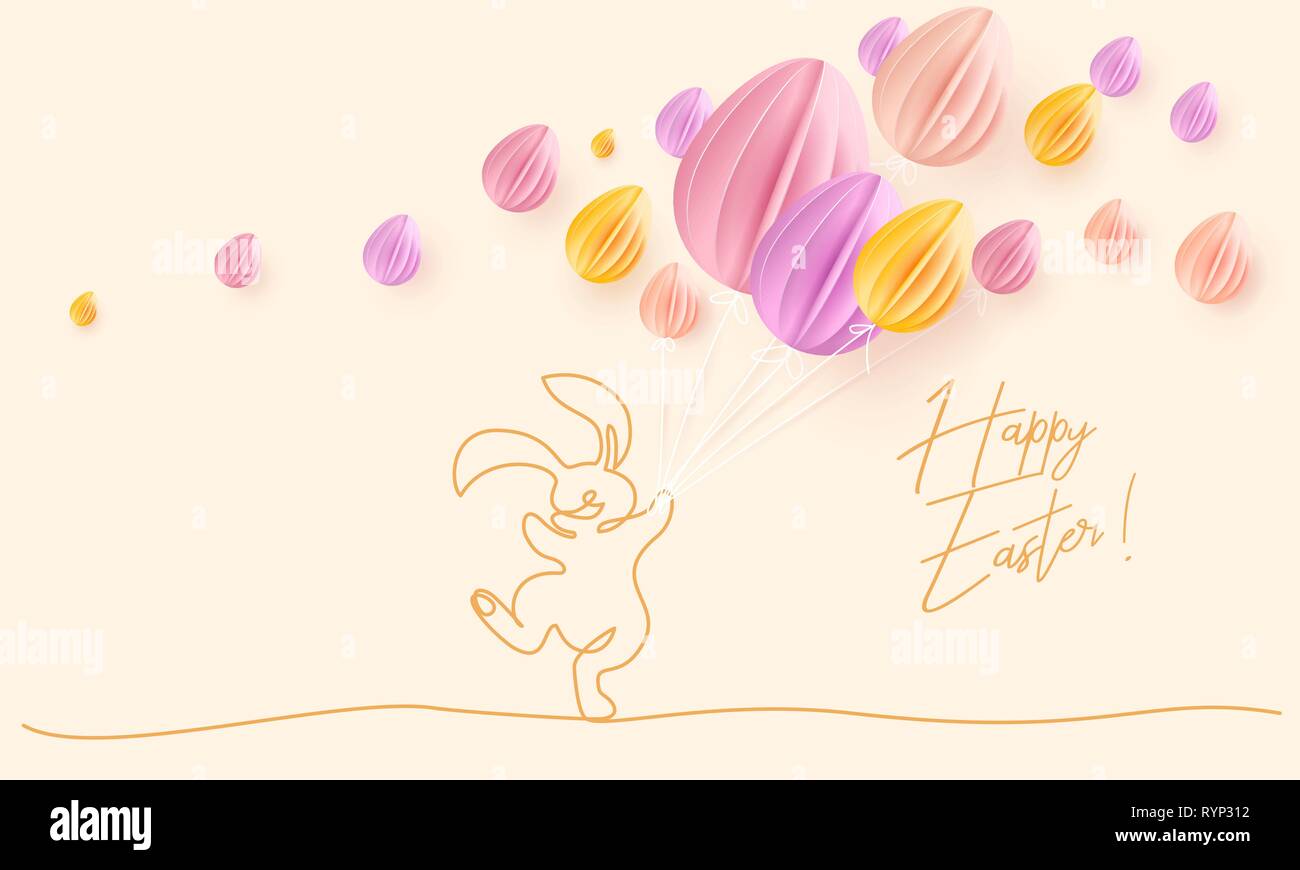 Happy Easter. Cute rabbit with air balloons shaped as eggs. Vector paper desing illustration. Continuous one line style. Stock Vector