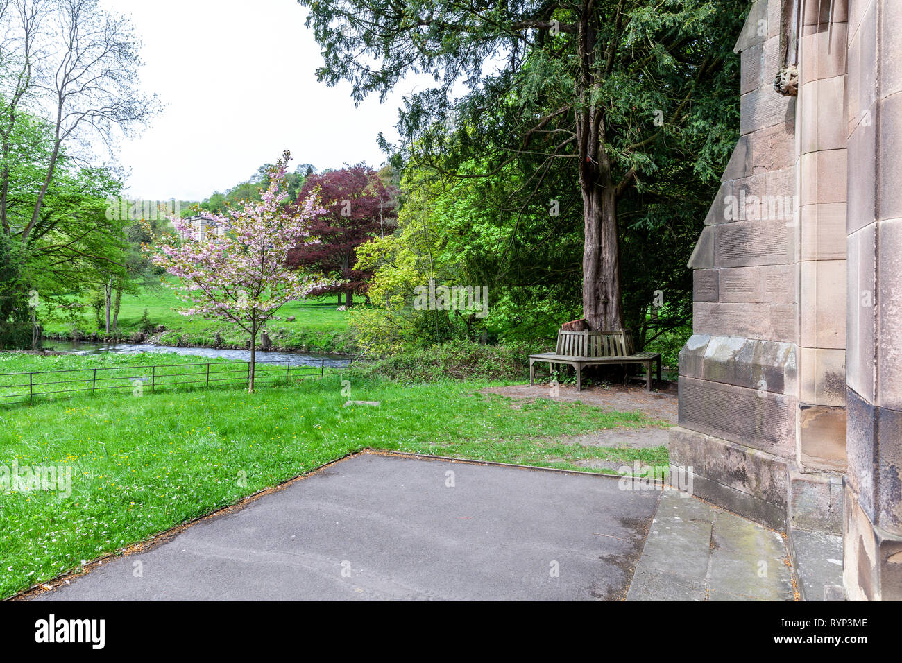 Wooden bench under an old tree in a church yard, in Cromford, Derbyshire, Stock Photo