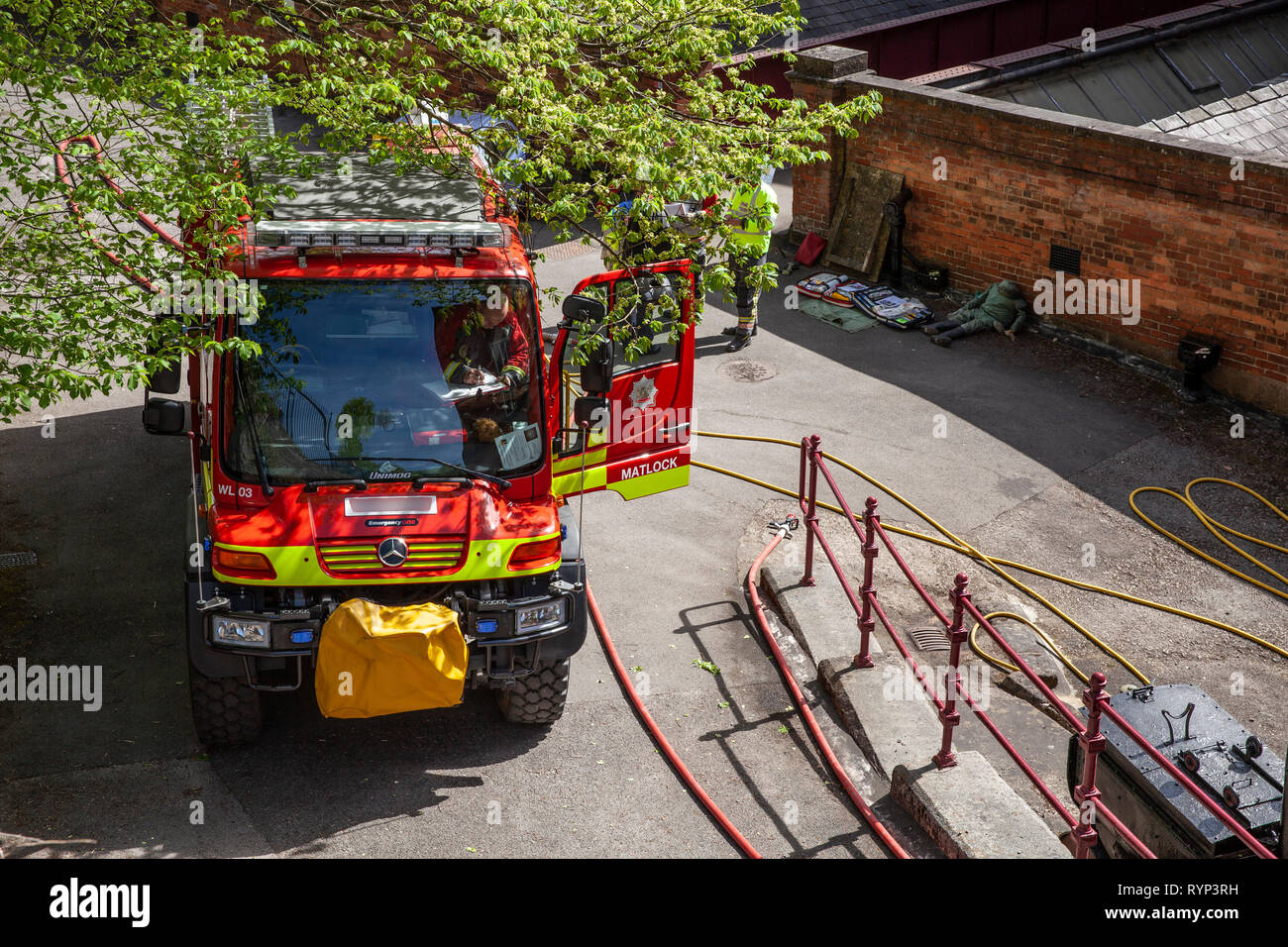 Fire engine out on a training day, in Matlock bath Derbyshire in the sunshine Stock Photo