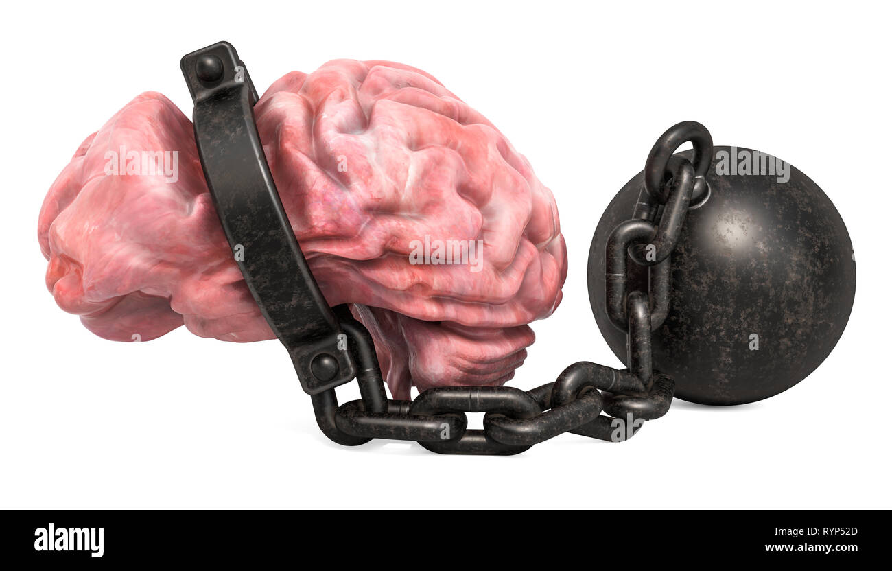 Brain with shackle, 3D rendering isolated on white background Stock Photo