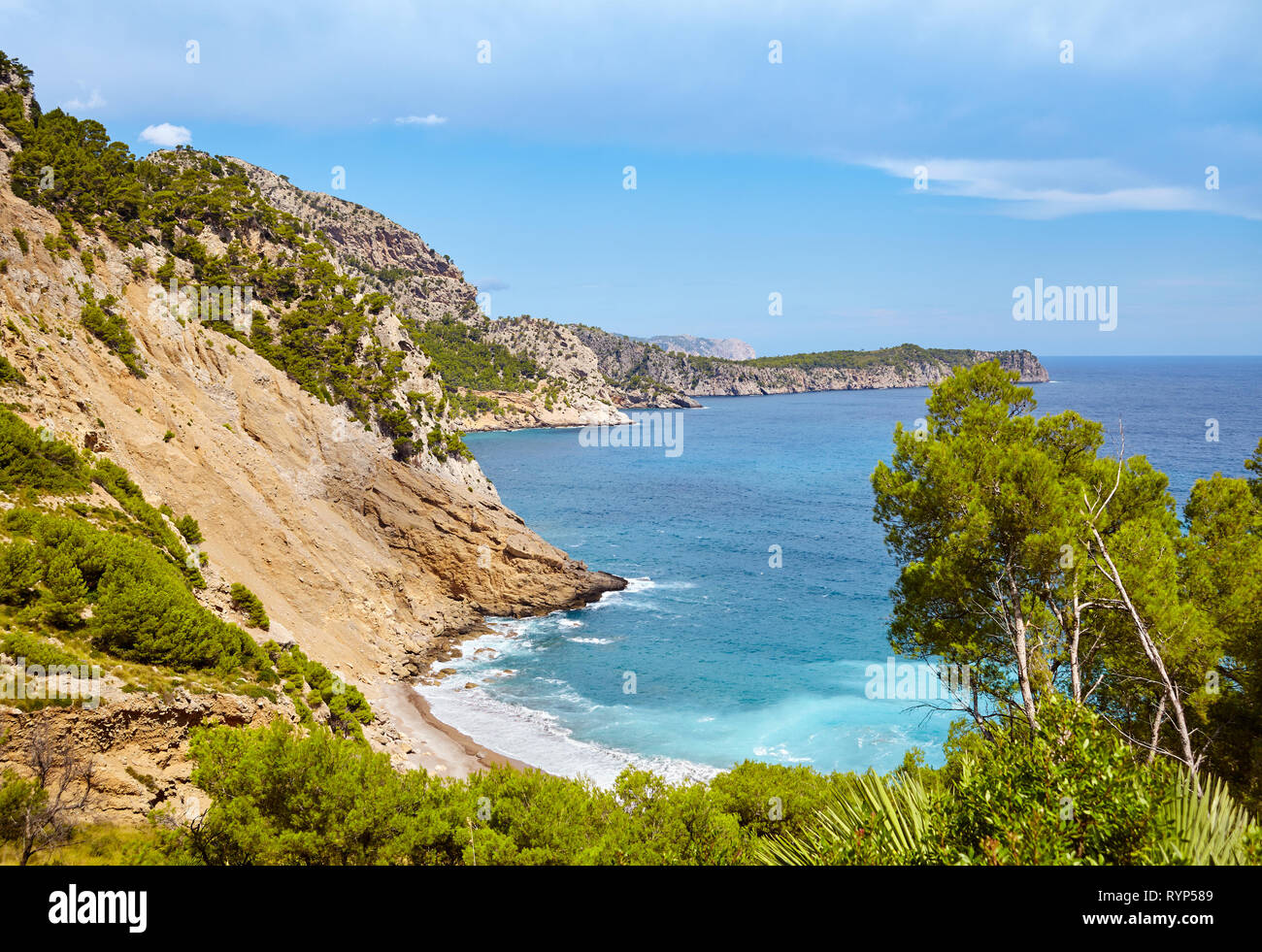 Scenic mountainous landscape with Coll Baix beach on Mallorca, Spain. Stock Photo