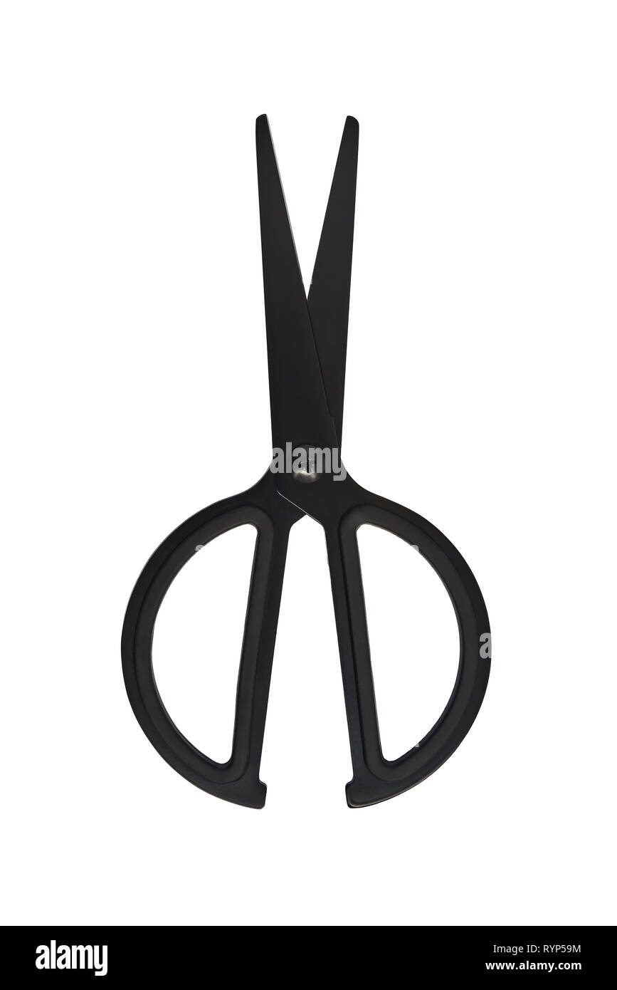 Black scissors isolated on white background. Top view. Design element. Stock Photo