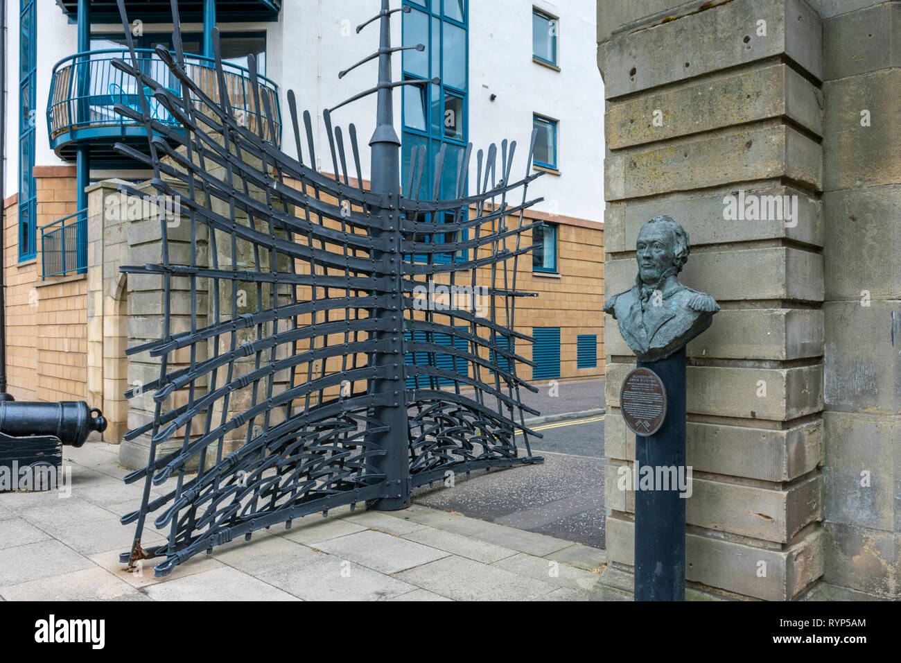 Four Winds Pedestrian Gate and bust of Governor John Hunter, Port of Leith, Edinburgh, Scotland, UK Stock Photo
