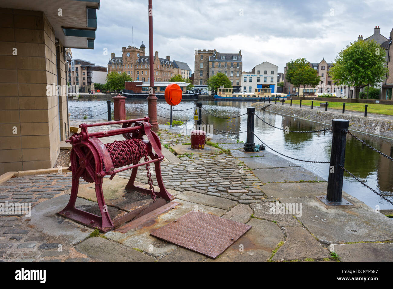 Restored boat winch, Leith waterfront, Edinburgh, Scotland, UK Stock Photo