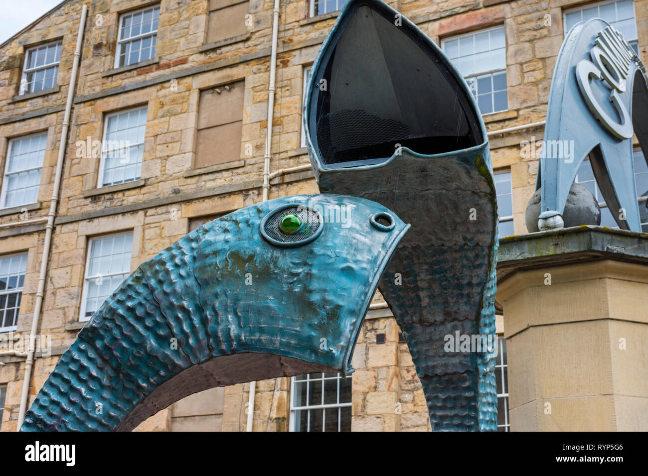 Fish and Boat, a sculpture by Jois Hunter and Peter Johnson, Commercial Quay, Leith, Edinburgh, Scotland, UK Stock Photo
