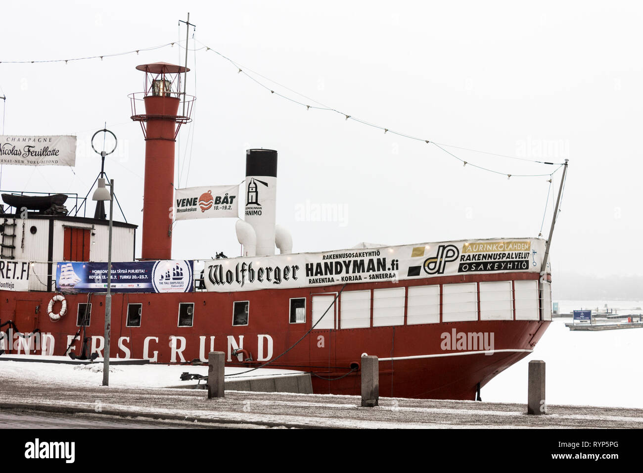 Helsinki, Finland. The Majakkalaiva Relandersgrund, a former Finnish lightship (a ship which acts as a lighthouse) painted red that is a restaurant Stock Photo